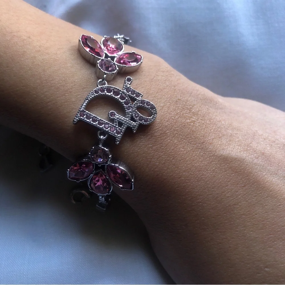 Dior oblique bracelet cd  logo Pink Crystal Silver vintage crystals floral - Picture 3 of 3